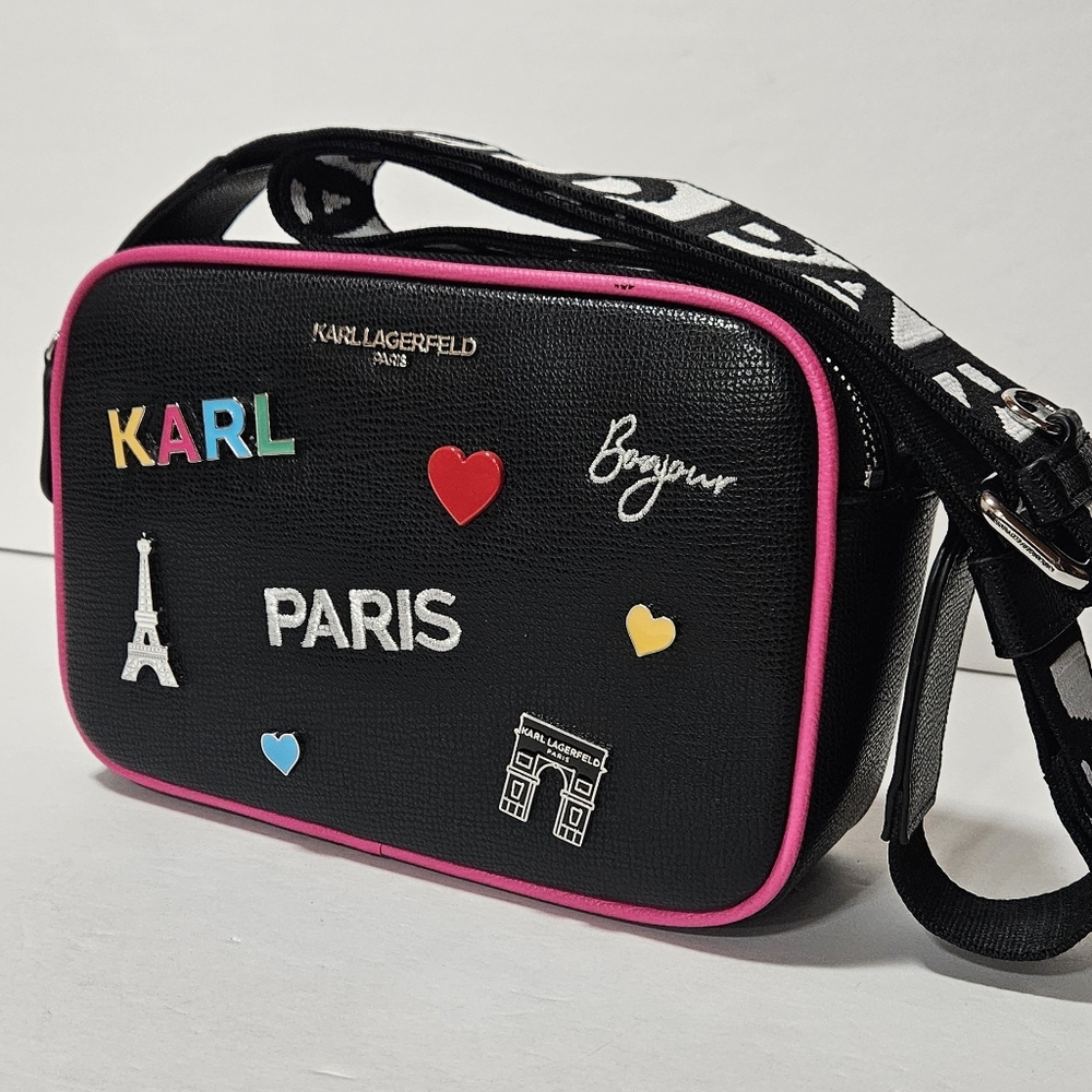 NWT Karl Lagerfeld Black Crossbody Bag with Pink Accents - Picture 1 of 8